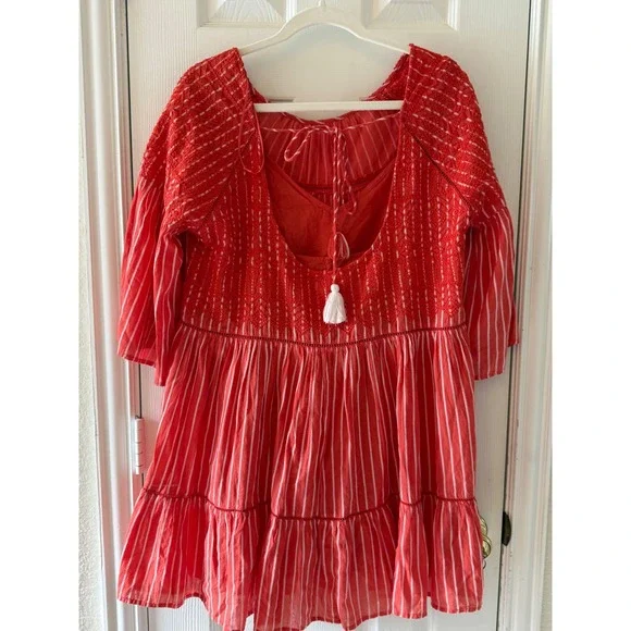 Free People Lola Embroidered Tiered Mini Dress Boho Festival Tassel Tie - Picture 4 of 9